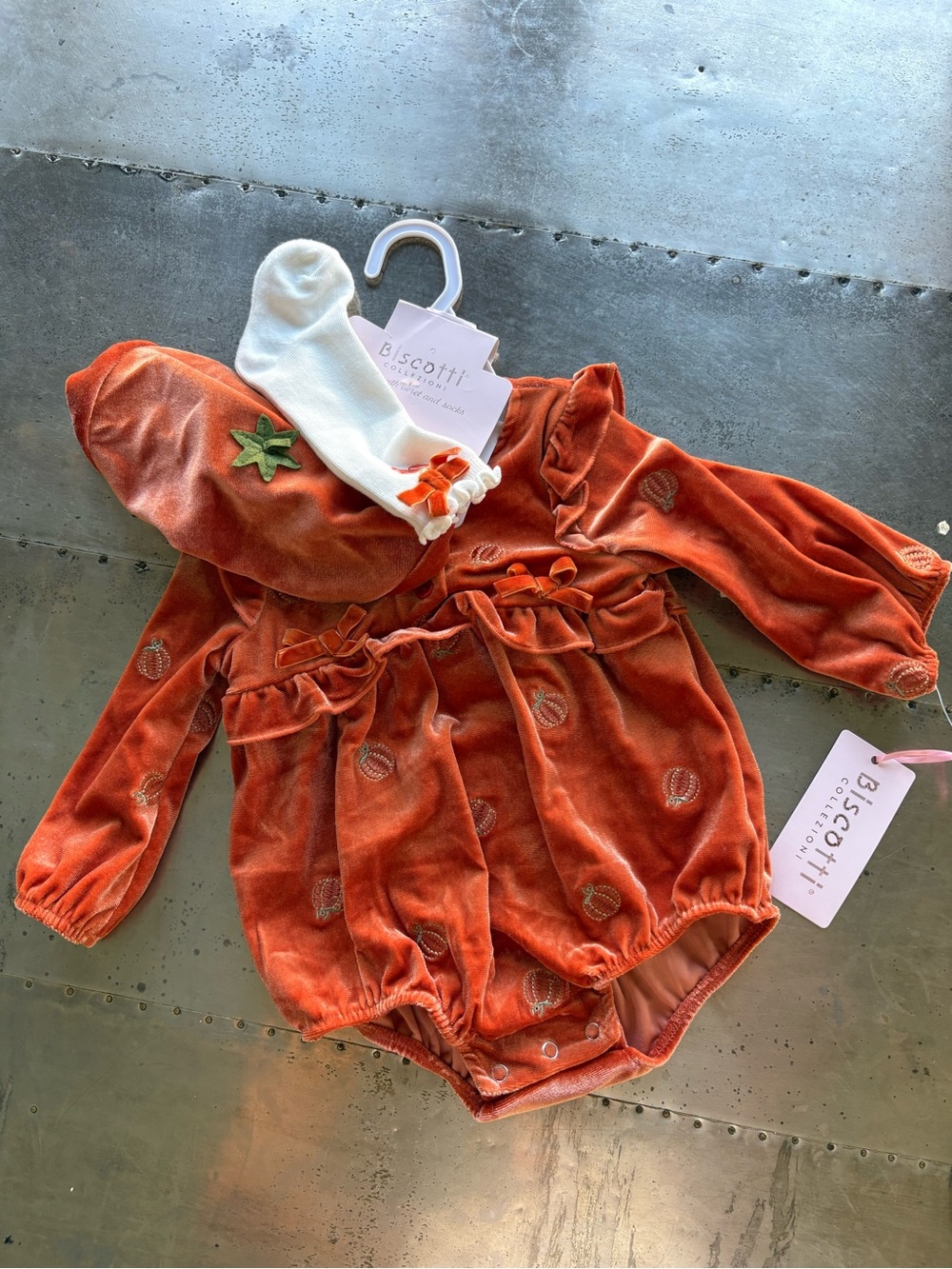 Biscotti Rust Orange Velvet Pumpkin Bubble Romper with Socks